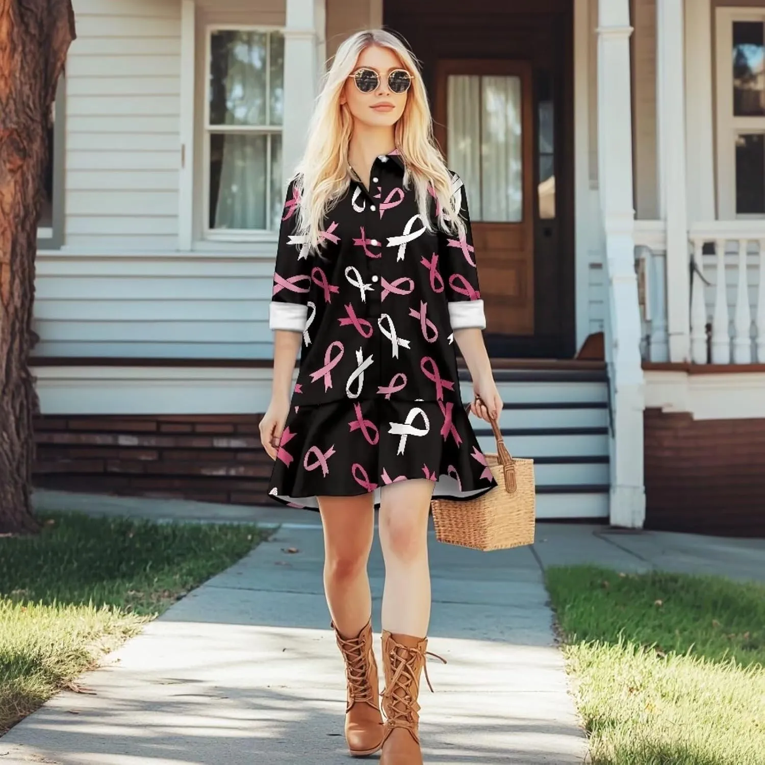 Women's V Neck Long Sleeve Shirt Dress Button Down Tunic Mini Shirt Dress with Pocket