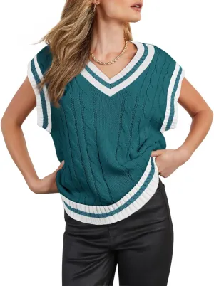 Womens V Neck Oversized Sweaters Vest Sleeveless Cable Knit Pullover Striped Chunky Sweater Casual Tennis Colorblock Top