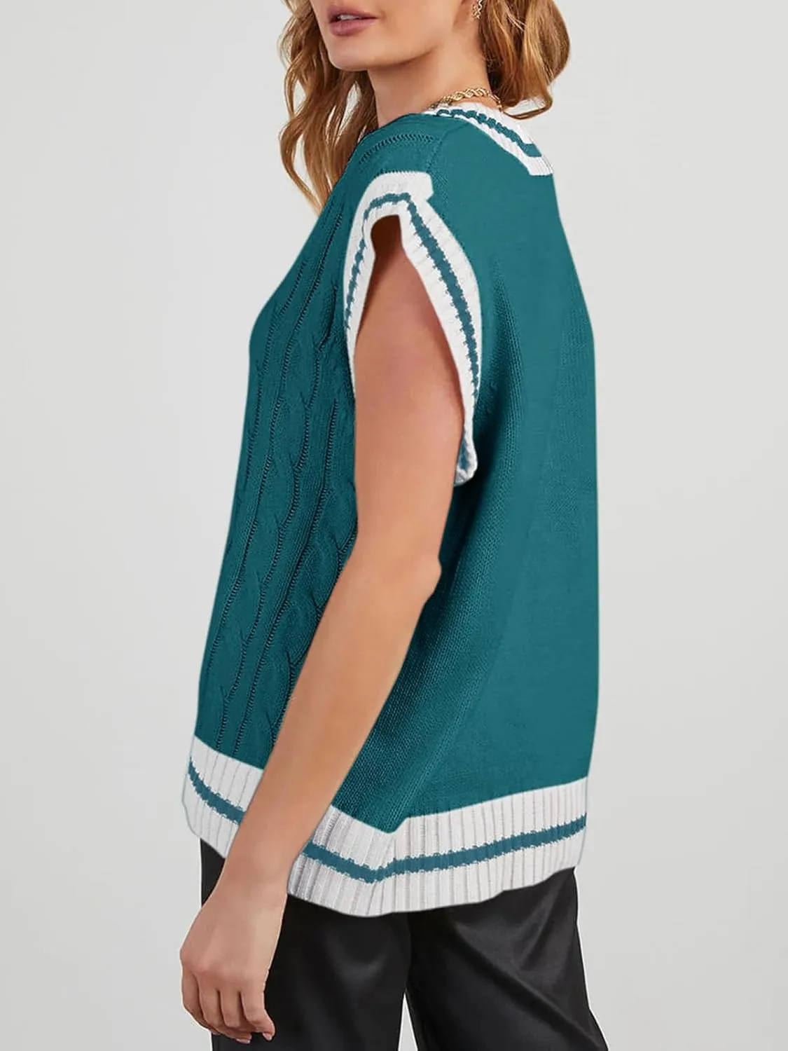 Womens V Neck Oversized Sweaters Vest Sleeveless Cable Knit Pullover Striped Chunky Sweater Casual Tennis Colorblock Top
