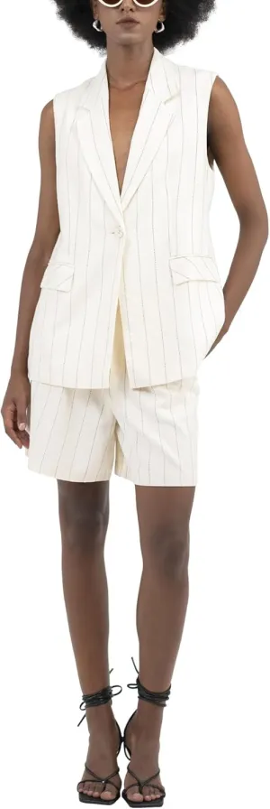 Womens Vest Linen Sleeveless Beige Peak Lapel Button Front Flap Pocket Single Breast Stripe for Women