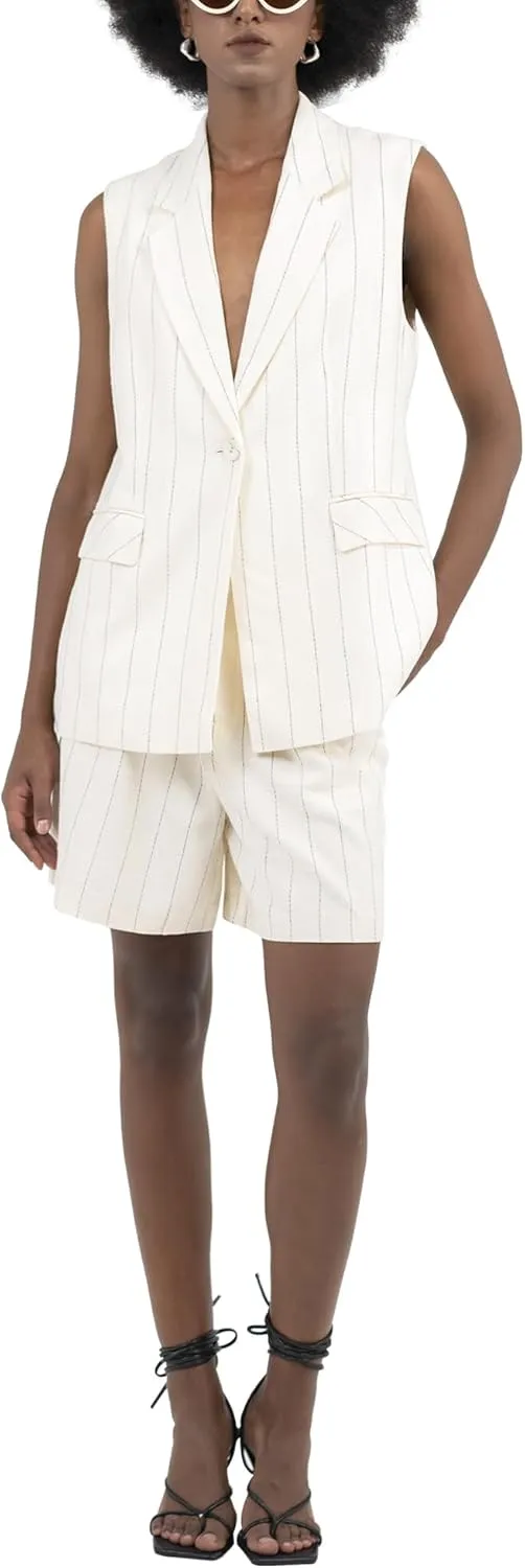Womens Vest Linen Sleeveless Beige Peak Lapel Button Front Flap Pocket Single Breast Stripe for Women