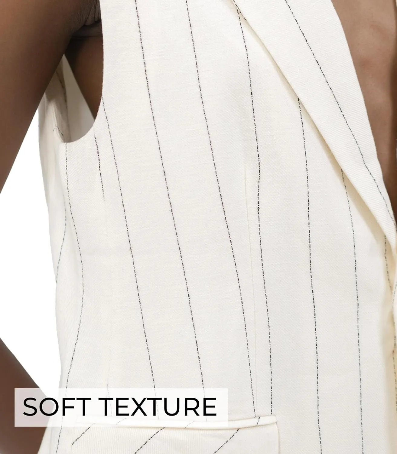 Womens Vest Linen Sleeveless Beige Peak Lapel Button Front Flap Pocket Single Breast Stripe for Women
