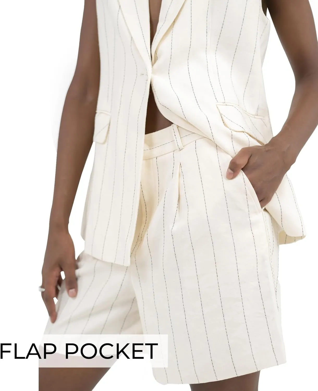 Womens Vest Linen Sleeveless Beige Peak Lapel Button Front Flap Pocket Single Breast Stripe for Women