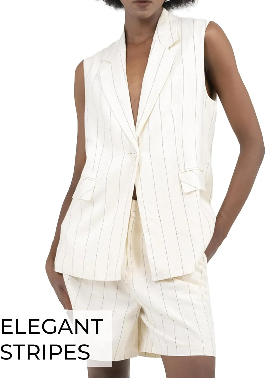 Womens Vest Linen Sleeveless Beige Peak Lapel Button Front Flap Pocket Single Breast Stripe for Women