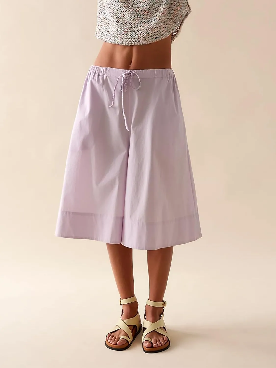 Women's Wide Leg Capri Pants Casual Baggy Culottes Elastic Waist Drawstring Cropped Palazzo Pants with Pockets