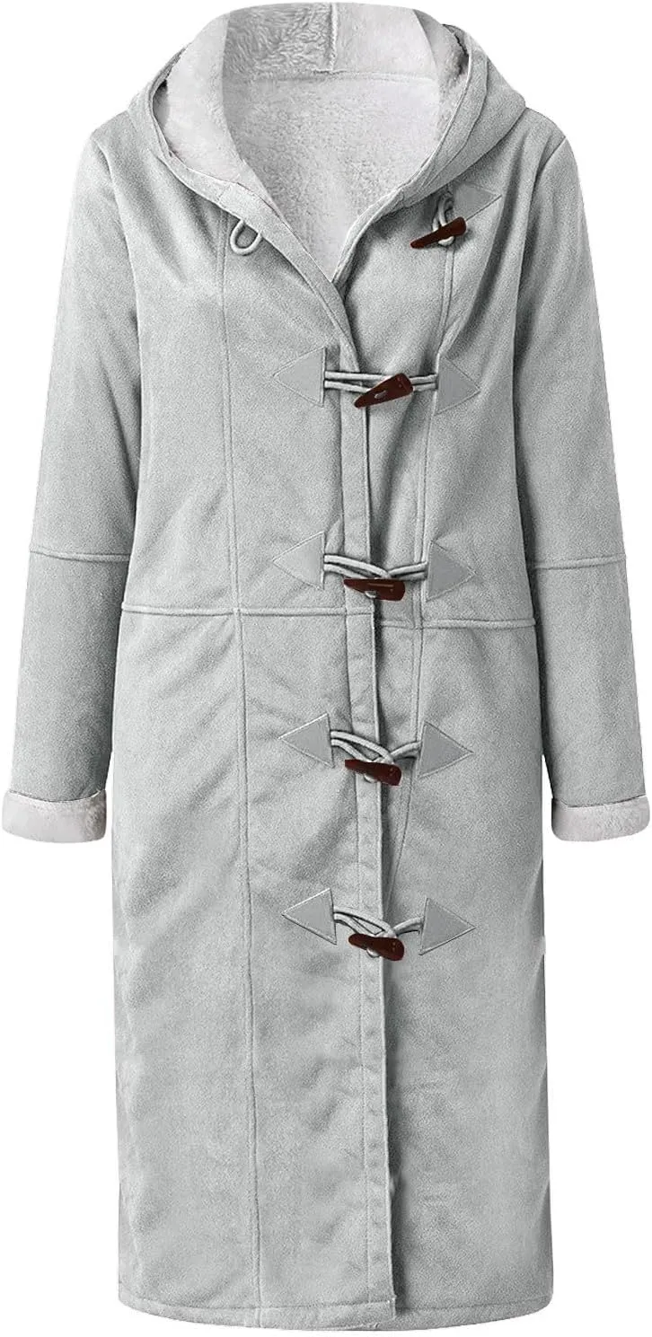 Womens Winter Sherpa Fleece Lined Jacket Long Plus Size Horn Button Wool Trench Coat Warm Thick Hooded Peacoat Outwear