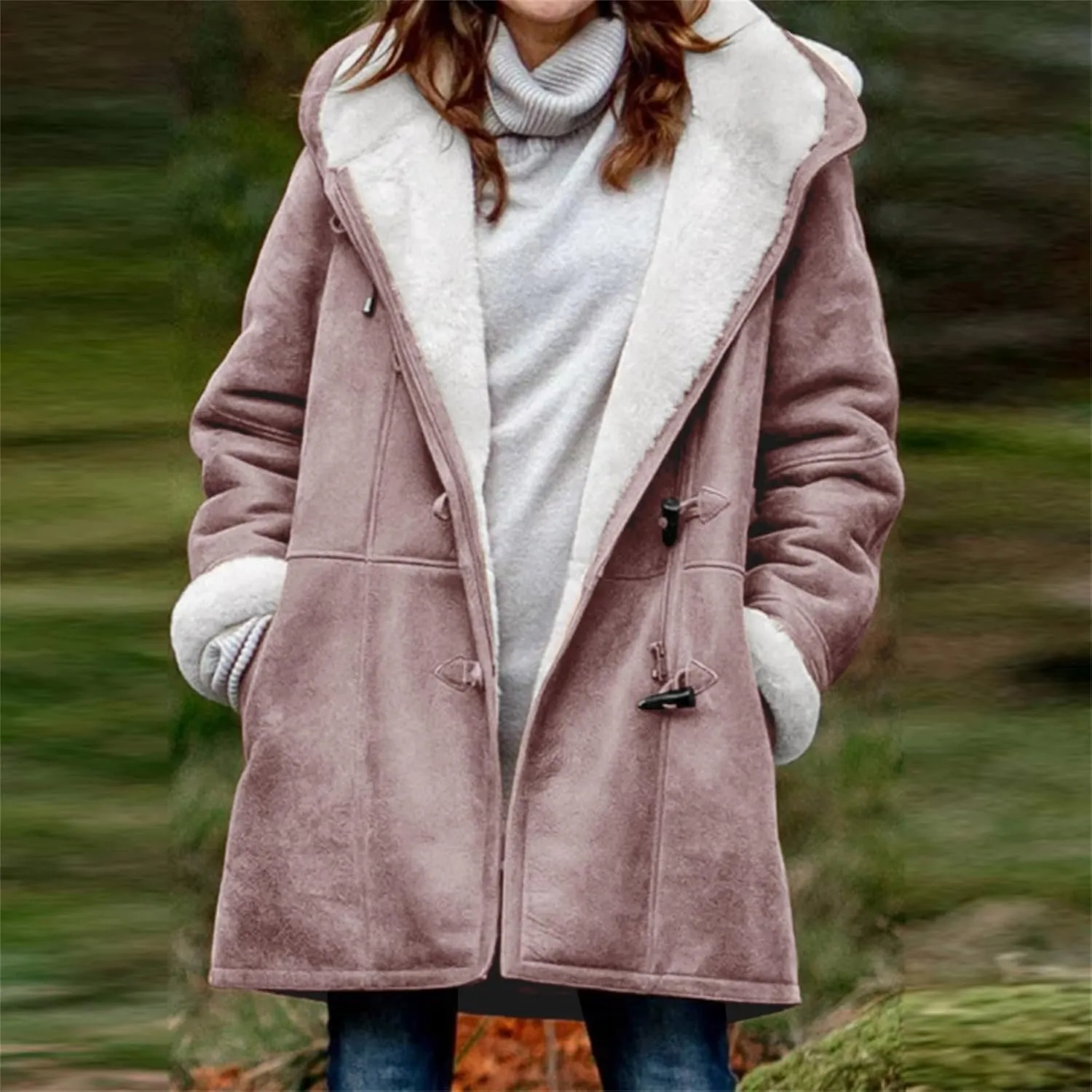 Womens Winter Sherpa Fleece Lined Jacket Long Plus Size Horn Button Wool Trench Coat Warm Thick Hooded Peacoat Outwear