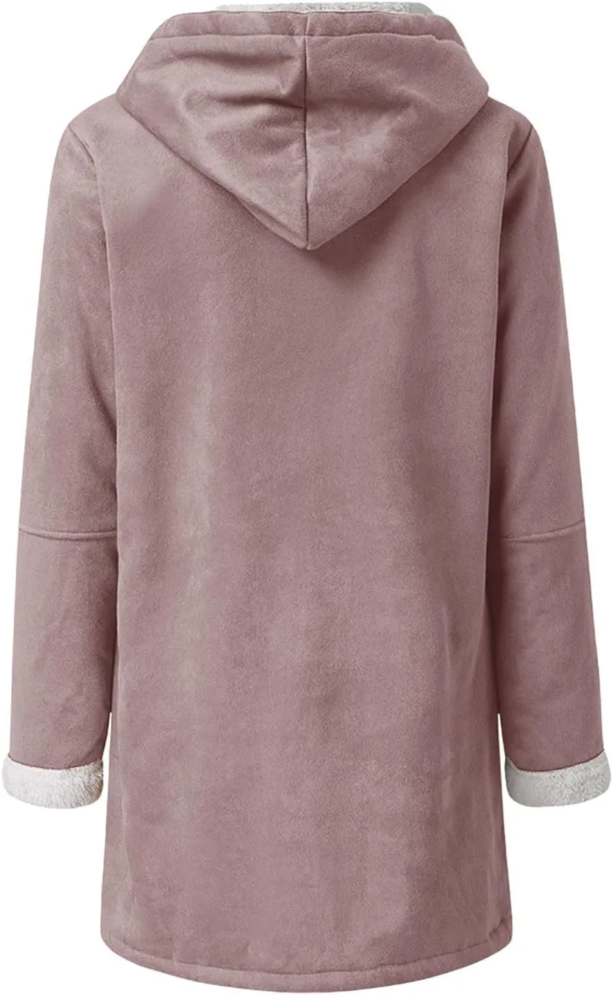 Womens Winter Sherpa Fleece Lined Jacket Long Plus Size Horn Button Wool Trench Coat Warm Thick Hooded Peacoat Outwear