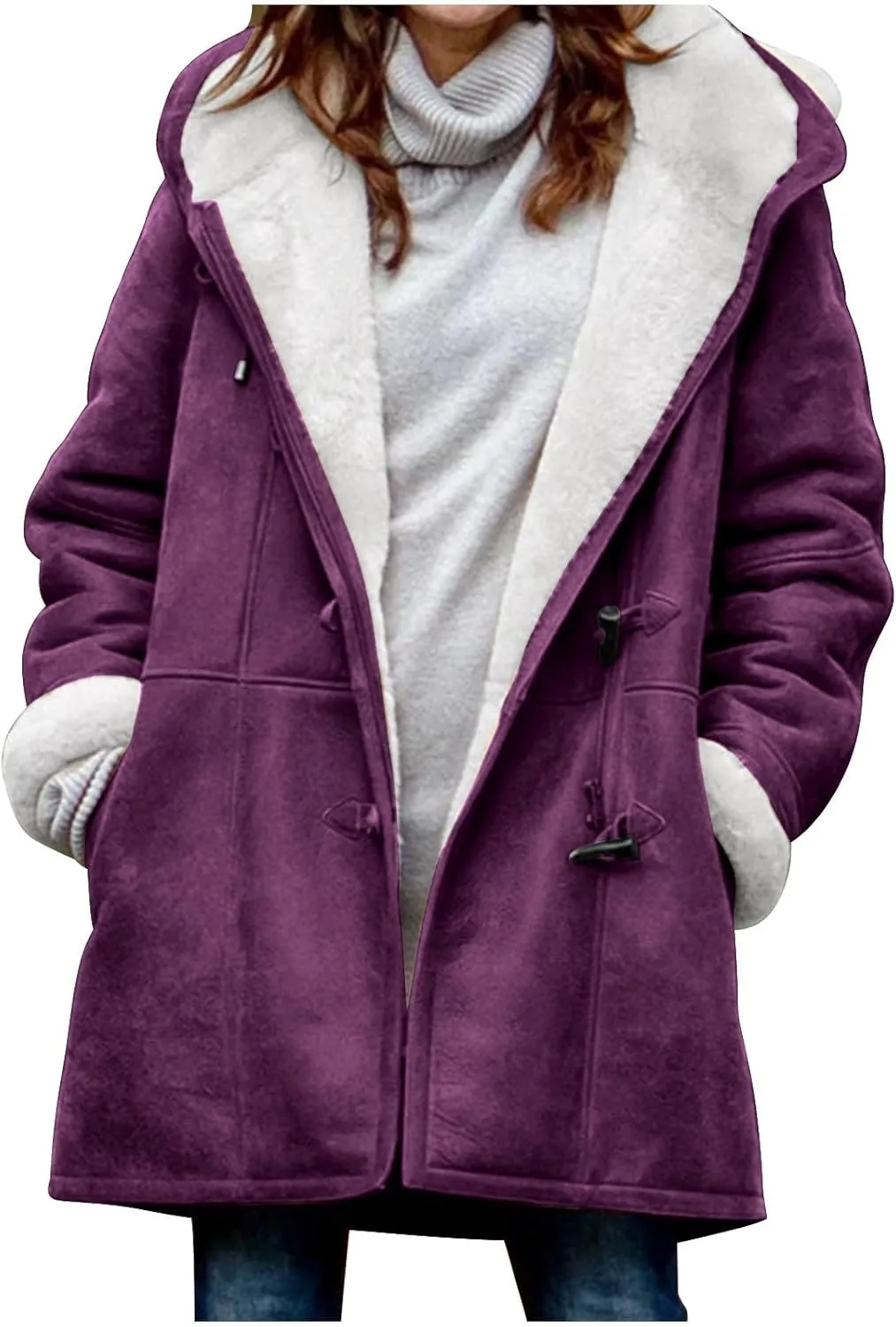 Womens Winter Sherpa Fleece Lined Jacket Long Plus Size Horn Button Wool Trench Coat Warm Thick Hooded Peacoat Outwear