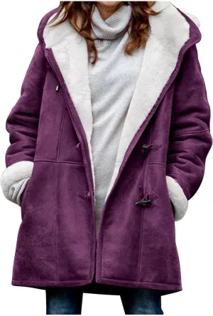 Womens Winter Sherpa Fleece Lined Jacket Long Plus Size Horn Button Wool Trench Coat Warm Thick Hooded Peacoat Outwear