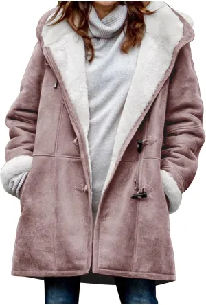 Womens Winter Sherpa Fleece Lined Jacket Long Plus Size Horn Button Wool Trench Coat Warm Thick Hooded Peacoat Outwear
