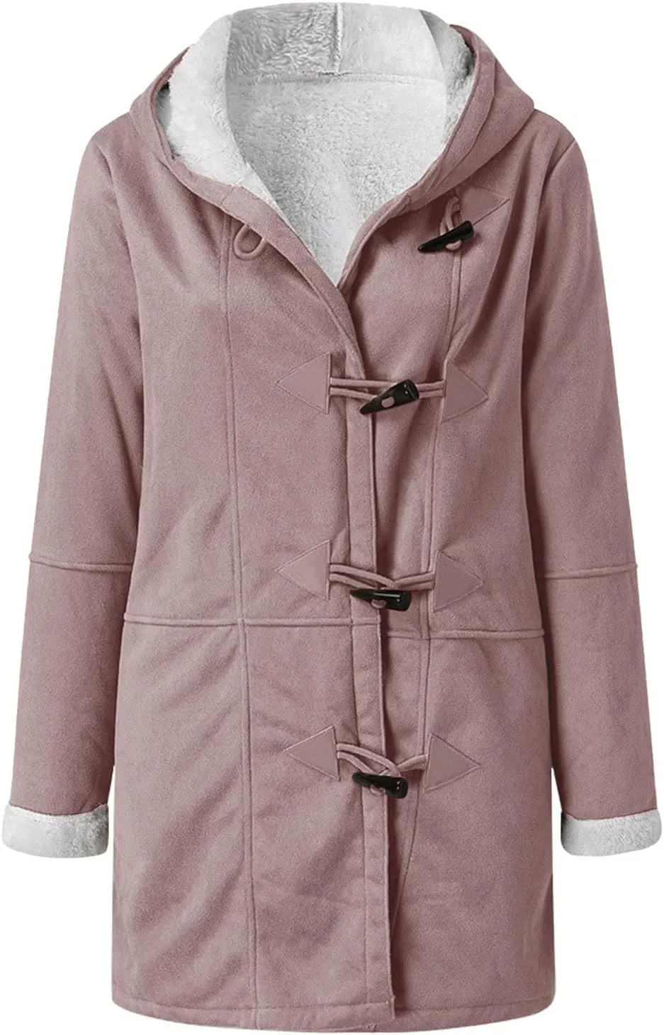 Womens Winter Sherpa Fleece Lined Jacket Long Plus Size Horn Button Wool Trench Coat Warm Thick Hooded Peacoat Outwear