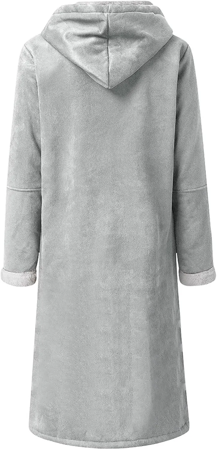 Womens Winter Sherpa Fleece Lined Jacket Long Plus Size Horn Button Wool Trench Coat Warm Thick Hooded Peacoat Outwear