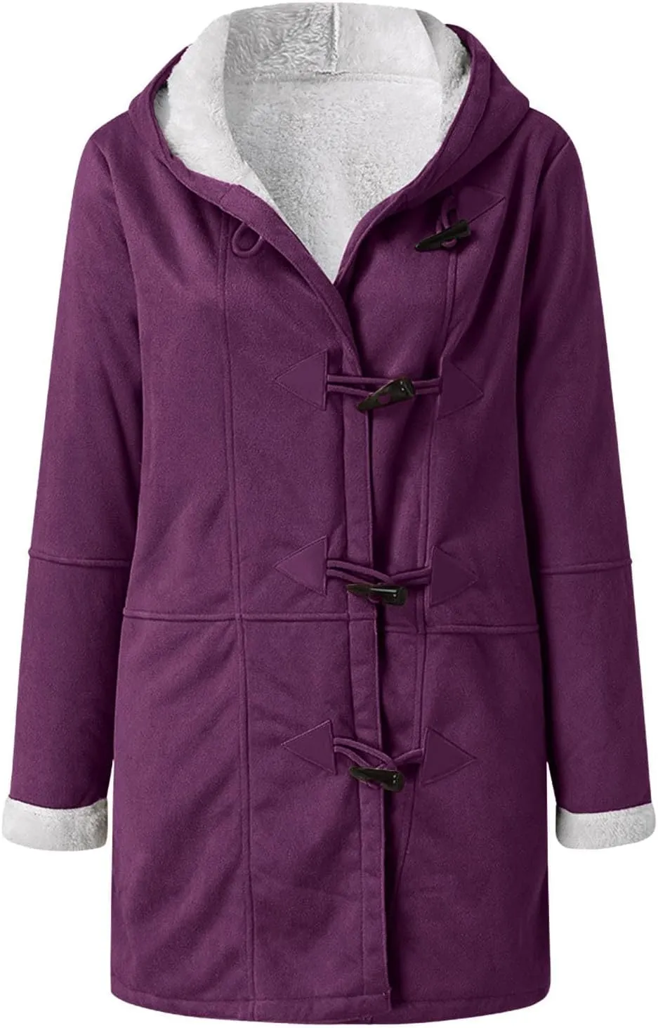 Womens Winter Sherpa Fleece Lined Jacket Long Plus Size Horn Button Wool Trench Coat Warm Thick Hooded Peacoat Outwear