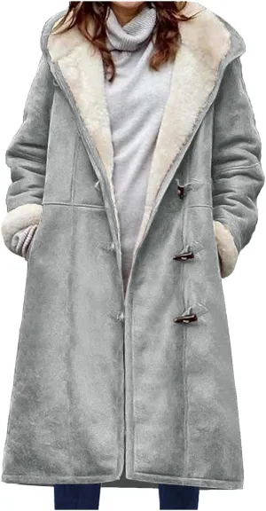 Womens Winter Sherpa Fleece Lined Jacket Long Plus Size Horn Button Wool Trench Coat Warm Thick Hooded Peacoat Outwear