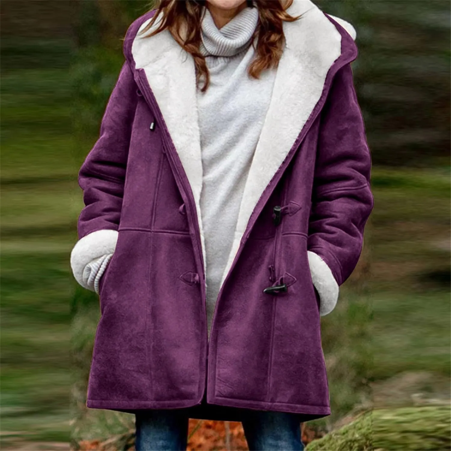 Womens Winter Sherpa Fleece Lined Jacket Long Plus Size Horn Button Wool Trench Coat Warm Thick Hooded Peacoat Outwear