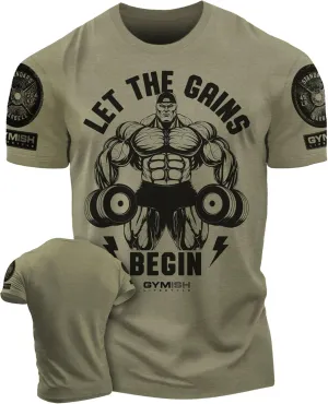 Workout Shirts for Men, Let The Gains Begin Gym Shirt Funny Sayings Lifting T-Shirt