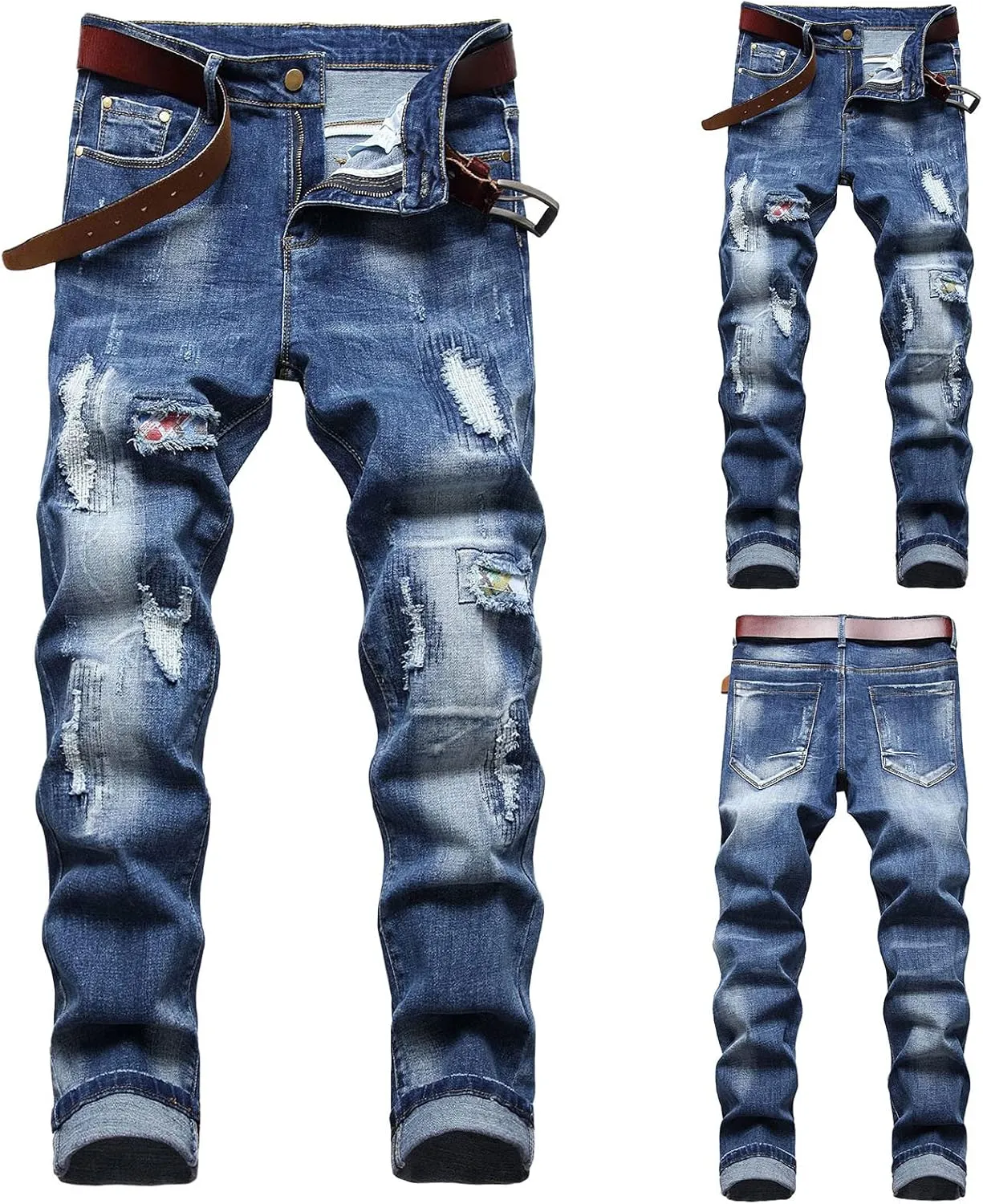 XUETON Mens Denim Pants Skinny Slim Fashion Streetwear Destroyed Distressed Straight Hip Hop Biker Stretchy Jeans
