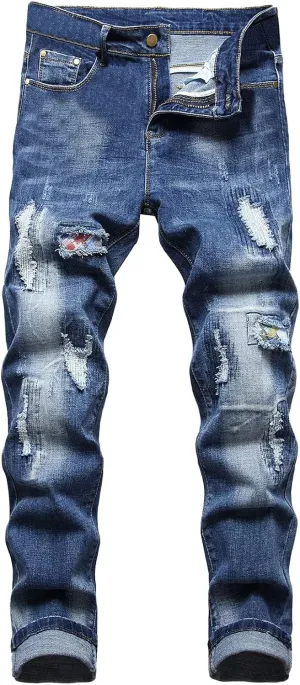 XUETON Mens Denim Pants Skinny Slim Fashion Streetwear Destroyed Distressed Straight Hip Hop Biker Stretchy Jeans