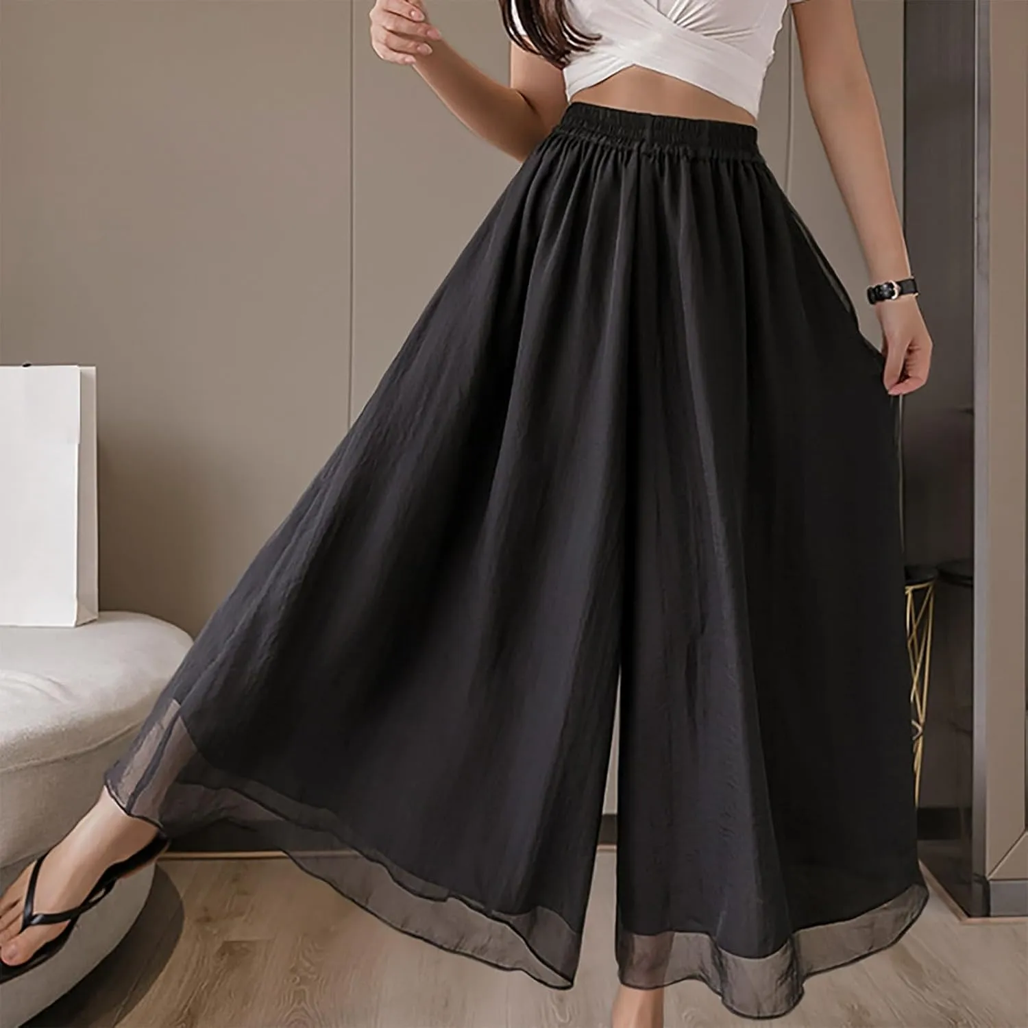 yardsong Palazzo Pants for Women Dressy Flowy Wide Leg Chiffon Pants Fashion High Waisted Party Wedding Casual Culottes