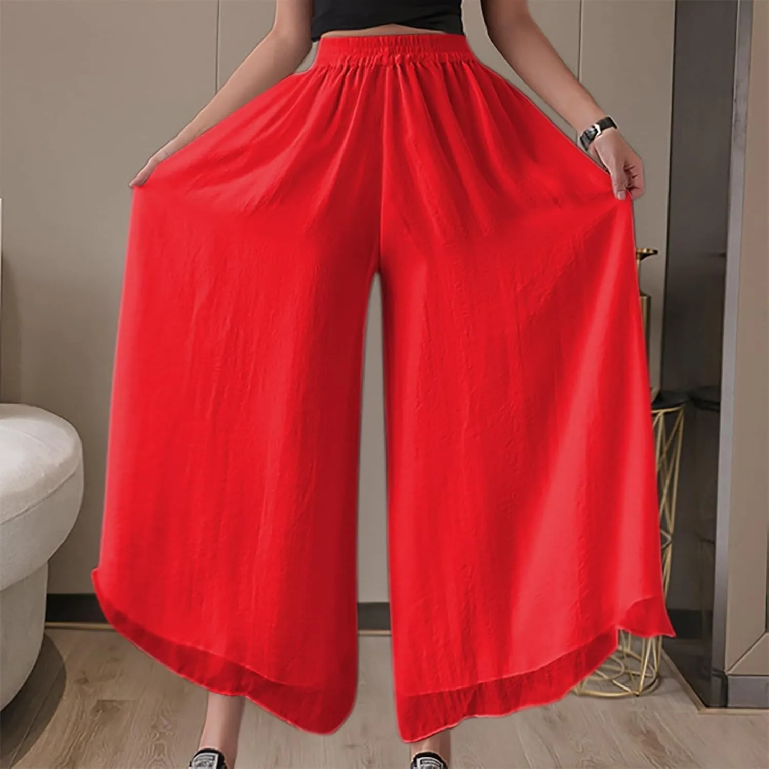 yardsong Palazzo Pants for Women Dressy Flowy Wide Leg Chiffon Pants Fashion High Waisted Party Wedding Casual Culottes