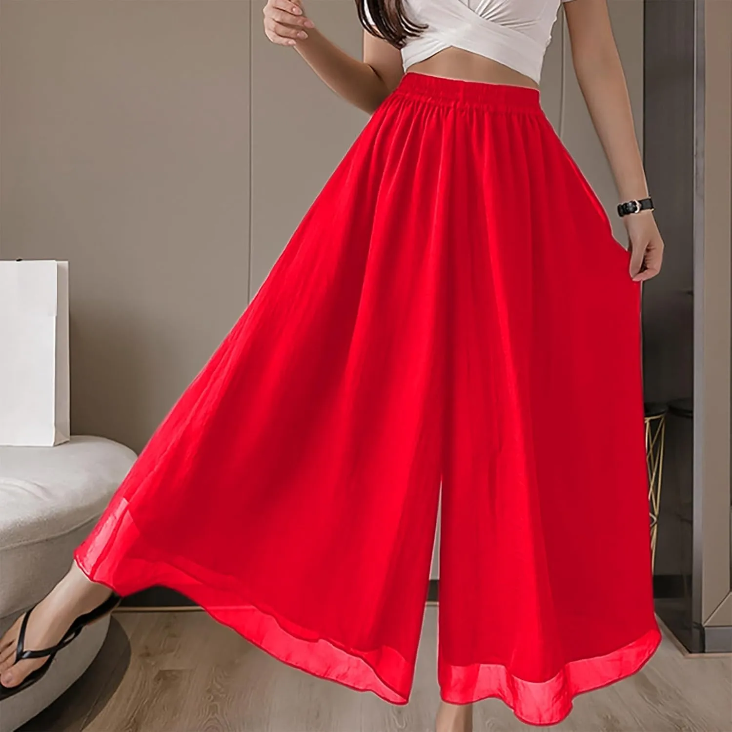 yardsong Palazzo Pants for Women Dressy Flowy Wide Leg Chiffon Pants Fashion High Waisted Party Wedding Casual Culottes