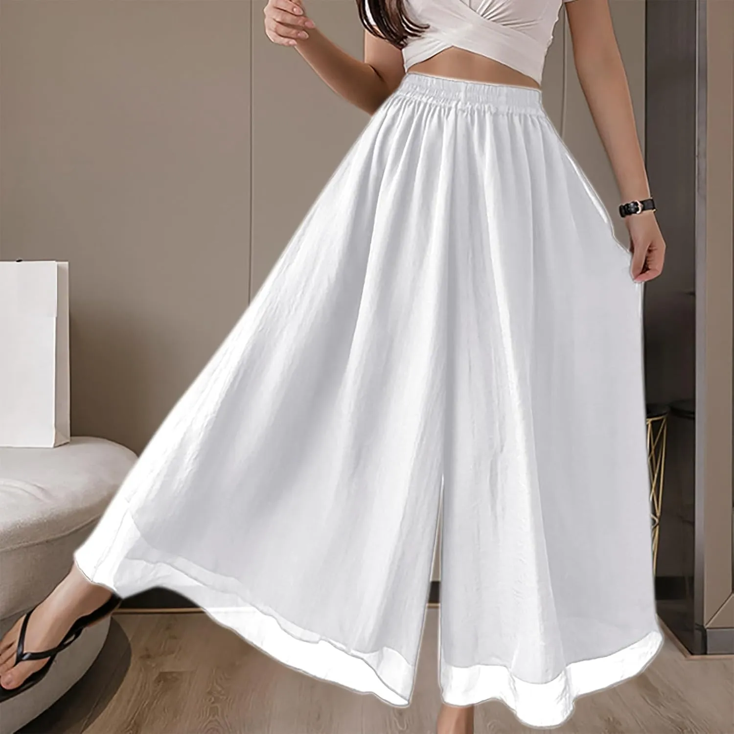 yardsong Palazzo Pants for Women Dressy Flowy Wide Leg Chiffon Pants Fashion High Waisted Party Wedding Casual Culottes