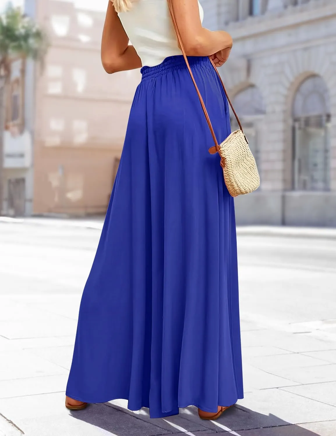 YESNO Women Wide Leg Pants High Waisted Floral Boho Palazzo Culottes Casual Flowy Tie Knot Trousers with Pockets PPS