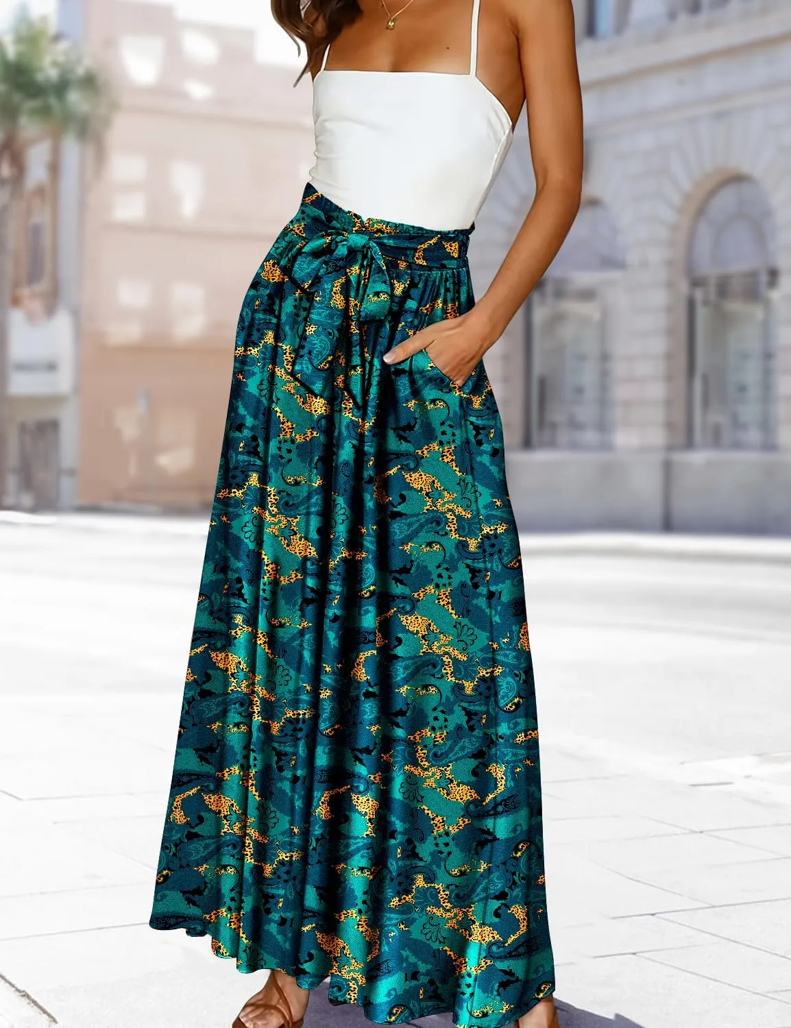YESNO Women Wide Leg Pants High Waisted Floral Boho Palazzo Culottes Casual Flowy Tie Knot Trousers with Pockets PPS