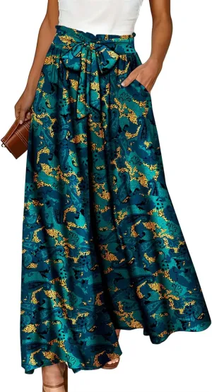 YESNO Women Wide Leg Pants High Waisted Floral Boho Palazzo Culottes Casual Flowy Tie Knot Trousers with Pockets PPS