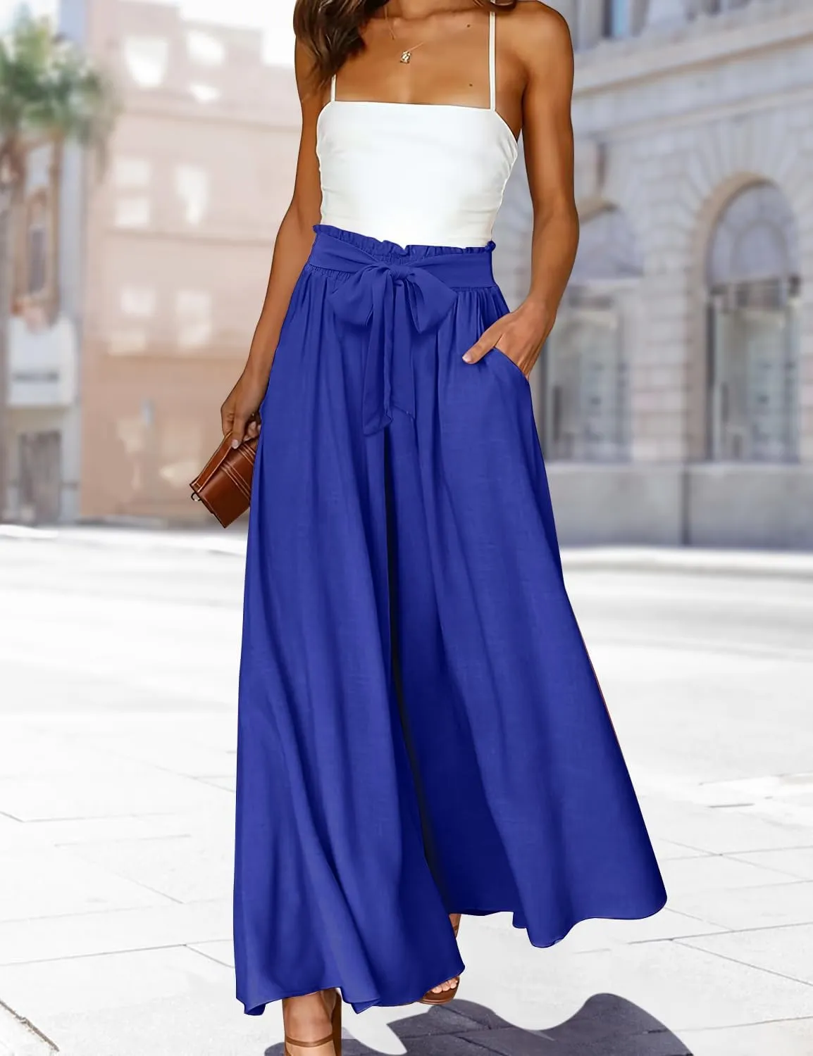YESNO Women Wide Leg Pants High Waisted Floral Boho Palazzo Culottes Casual Flowy Tie Knot Trousers with Pockets PPS