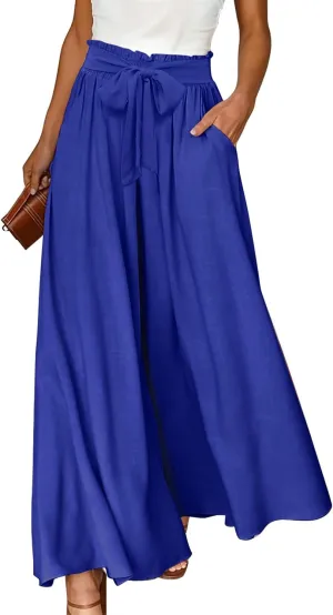 YESNO Women Wide Leg Pants High Waisted Floral Boho Palazzo Culottes Casual Flowy Tie Knot Trousers with Pockets PPS