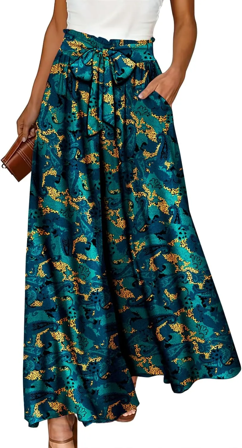 YESNO Women Wide Leg Pants High Waisted Floral Boho Palazzo Culottes Casual Flowy Tie Knot Trousers with Pockets PPS