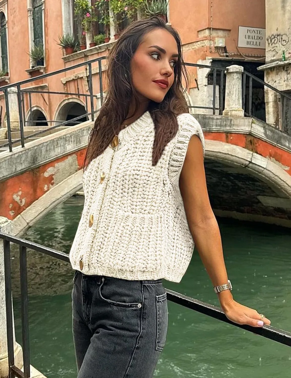 Yimoon Sweater Vest Women Cropped Gold Button Chunky Knit Vest Sleeveless Crop Knit Cardigan