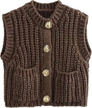 Yimoon Sweater Vest Women Cropped Gold Button Chunky Knit Vest Sleeveless Crop Knit Cardigan