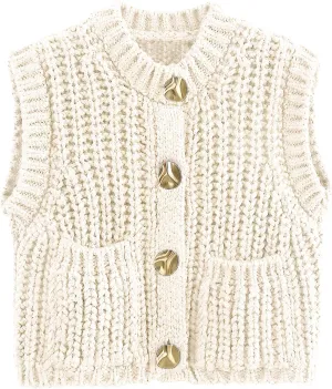 Yimoon Sweater Vest Women Cropped Gold Button Chunky Knit Vest Sleeveless Crop Knit Cardigan