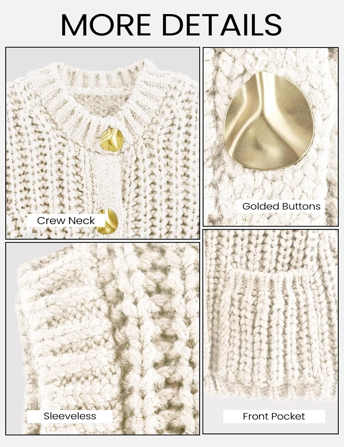 Yimoon Sweater Vest Women Cropped Gold Button Chunky Knit Vest Sleeveless Crop Knit Cardigan