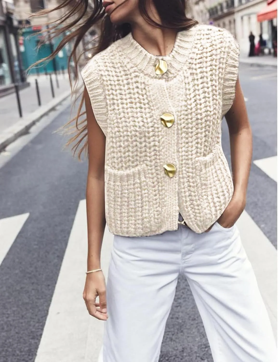 Yimoon Sweater Vest Women Cropped Gold Button Chunky Knit Vest Sleeveless Crop Knit Cardigan