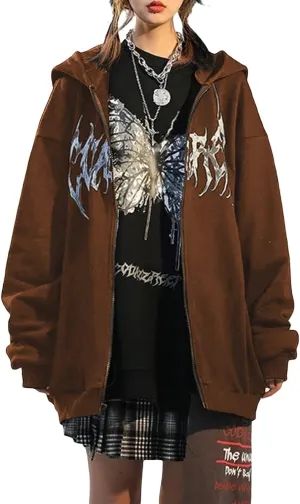 Yuemengxuan Women Man Goth Hoodie Sweatshirts Y2k Aesthetic Zip Up Jacket 90s Long Sleeve Graphic Coat Couple Top Streetwear