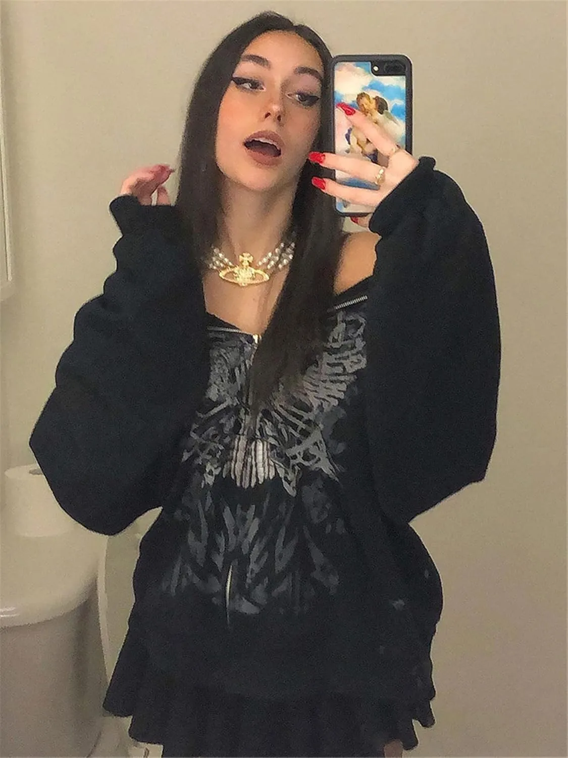 Yuemengxuan Women Man Goth Hoodie Sweatshirts Y2k Aesthetic Zip Up Jacket 90s Long Sleeve Graphic Coat Couple Top Streetwear