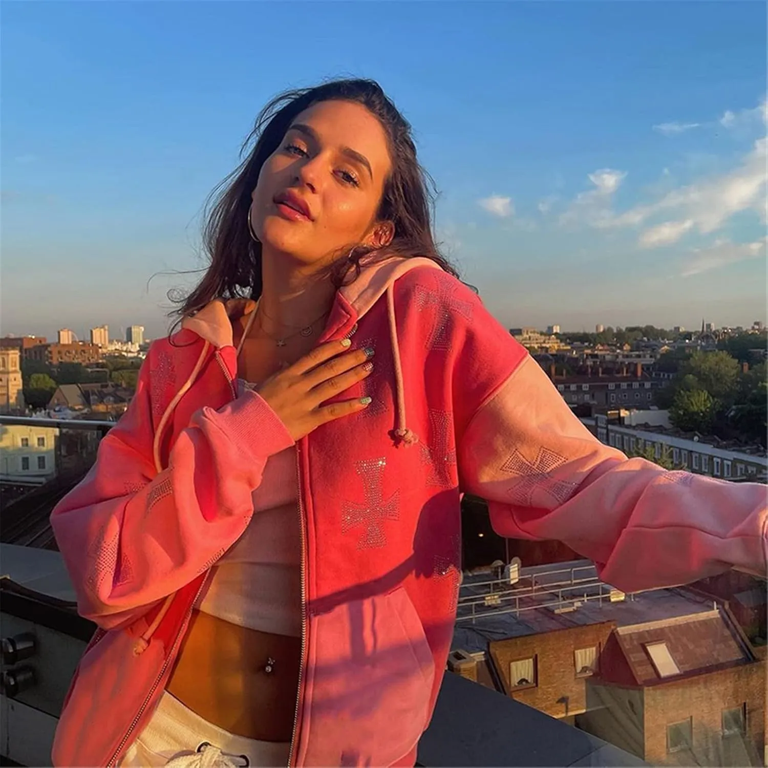 Yuemengxuan Women Man Goth Hoodie Sweatshirts Y2k Aesthetic Zip Up Jacket 90s Long Sleeve Graphic Coat Couple Top Streetwear