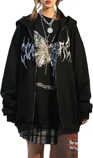 Yuemengxuan Women Man Goth Hoodie Sweatshirts Y2k Aesthetic Zip Up Jacket 90s Long Sleeve Graphic Coat Couple Top Streetwear
