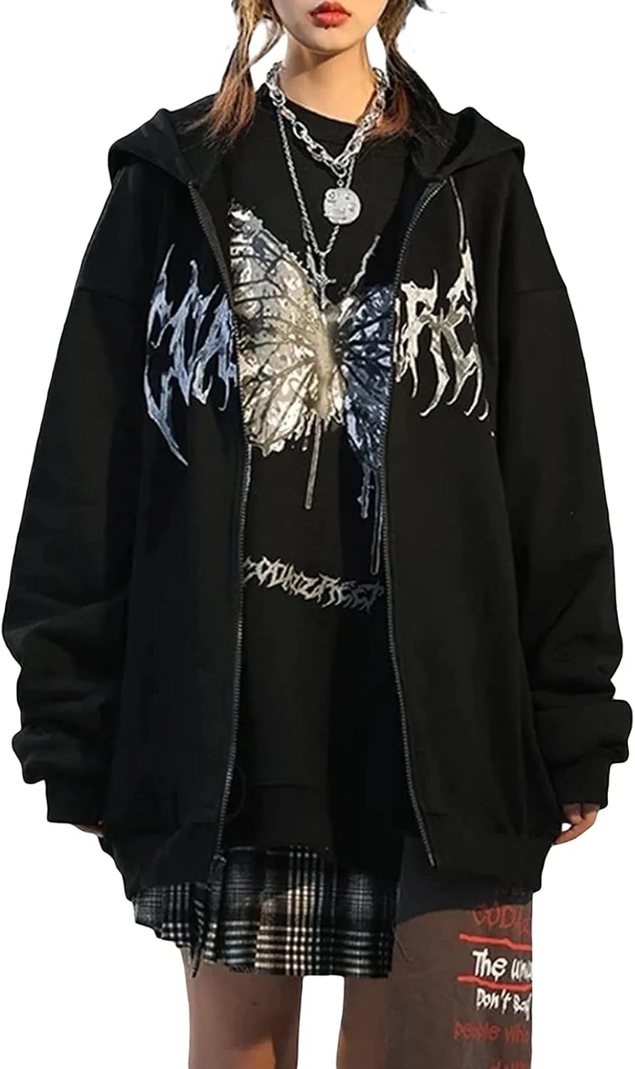 Yuemengxuan Women Man Goth Hoodie Sweatshirts Y2k Aesthetic Zip Up Jacket 90s Long Sleeve Graphic Coat Couple Top Streetwear