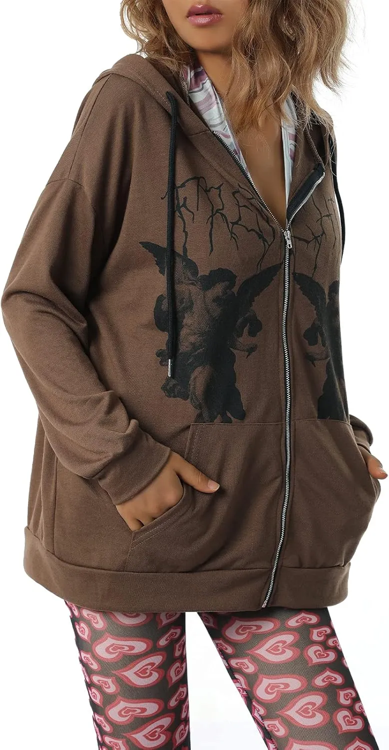 Yuemengxuan Women Man Goth Hoodie Sweatshirts Y2k Aesthetic Zip Up Jacket 90s Long Sleeve Graphic Coat Couple Top Streetwear