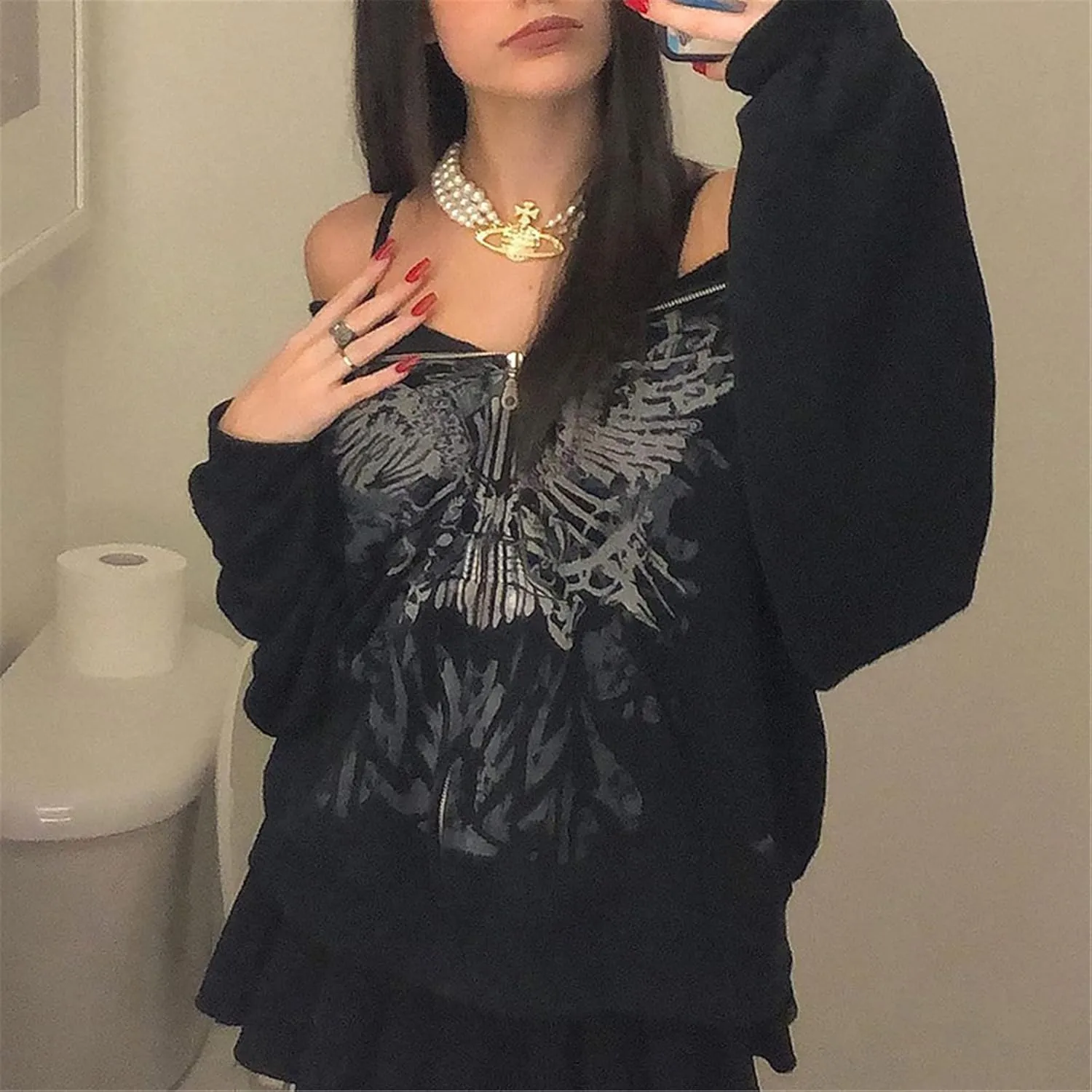 Yuemengxuan Women Man Goth Hoodie Sweatshirts Y2k Aesthetic Zip Up Jacket 90s Long Sleeve Graphic Coat Couple Top Streetwear