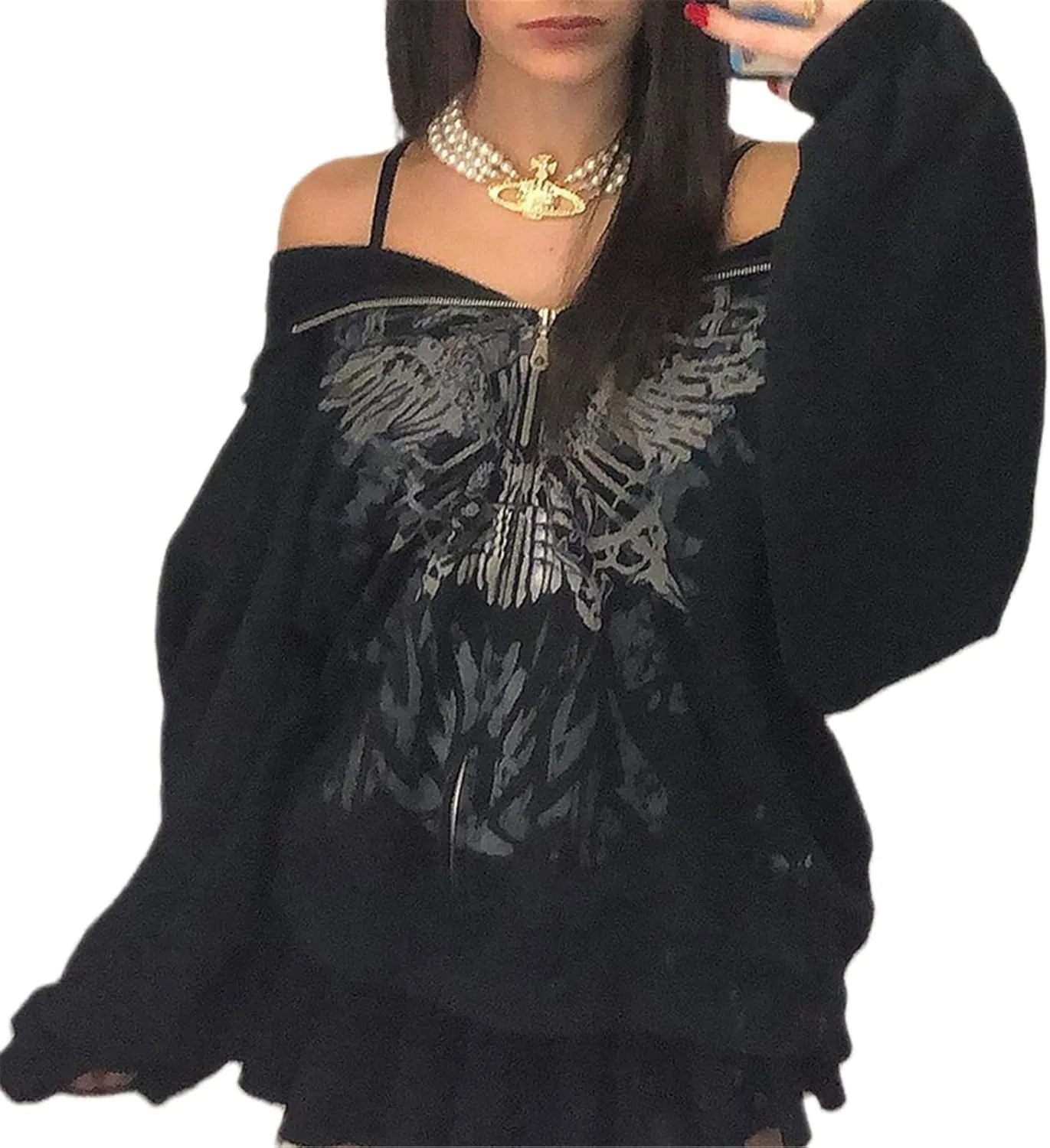 Yuemengxuan Women Man Goth Hoodie Sweatshirts Y2k Aesthetic Zip Up Jacket 90s Long Sleeve Graphic Coat Couple Top Streetwear