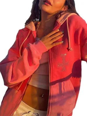 Yuemengxuan Women Man Goth Hoodie Sweatshirts Y2k Aesthetic Zip Up Jacket 90s Long Sleeve Graphic Coat Couple Top Streetwear