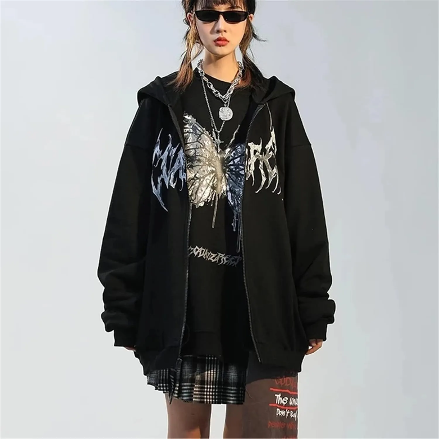 Yuemengxuan Women Man Goth Hoodie Sweatshirts Y2k Aesthetic Zip Up Jacket 90s Long Sleeve Graphic Coat Couple Top Streetwear