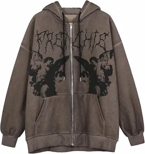 Yuemengxuan Women Man Goth Hoodie Sweatshirts Y2k Aesthetic Zip Up Jacket 90s Long Sleeve Graphic Coat Couple Top Streetwear