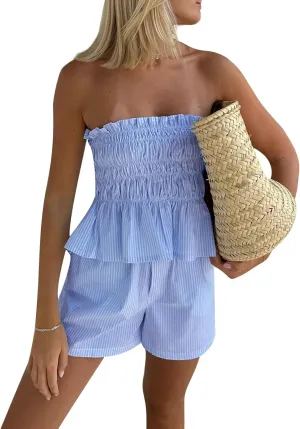 Yuemengxuan Women Shirred Top Shorts Summer Outfits Set 2 Piece Striped Pajamas Set Sleeveless Ruched Bandeau Tube Top Shorts